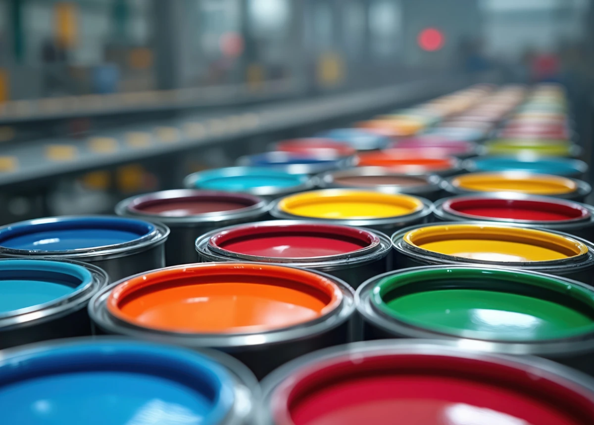 Lote de contenedores con diferentes pinturas de diferentes colores.